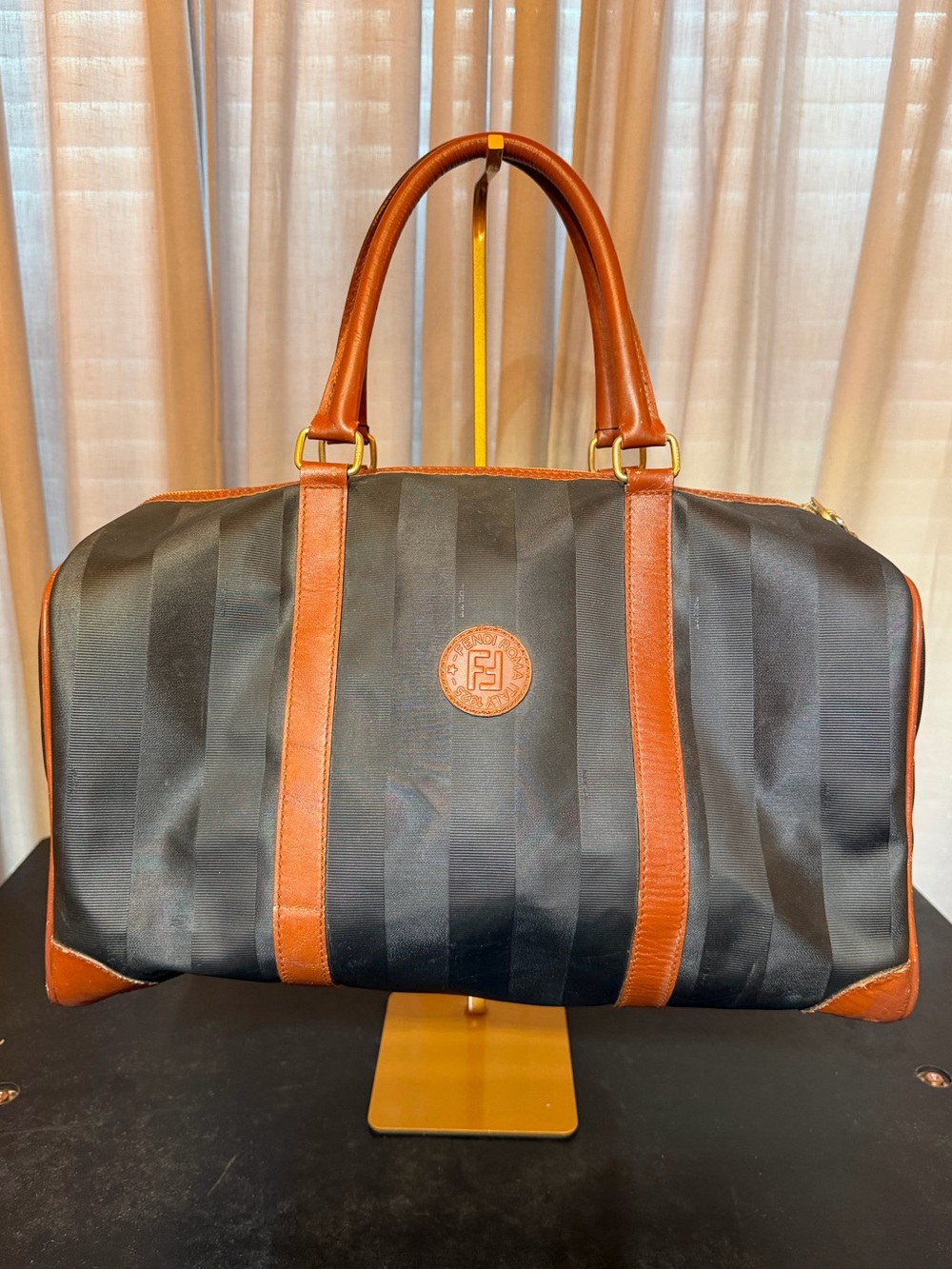Fendi Pequin Stripe Boston Bag Black Striped PVC Leather W/Lock & Keys Vintage